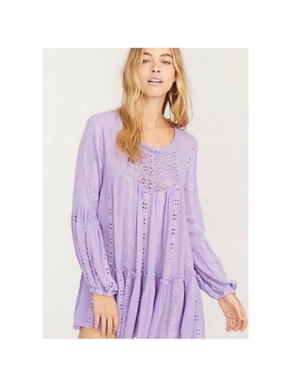 Free People medium kiss kiss purple crochet boho long‎ sleeve tunic top flowy